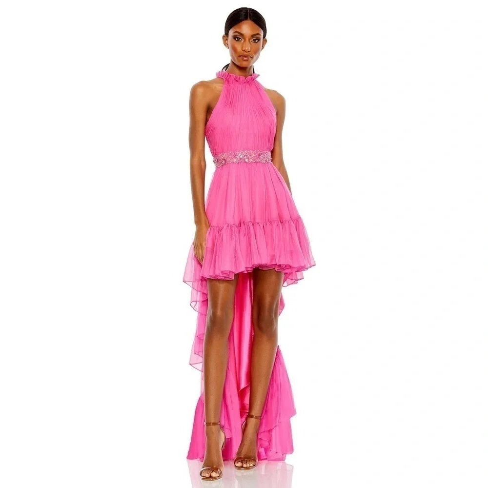 NEW $498 MAC DUGGAL 68029 PINK HALTER NECK HIGH LOW FLOWY CHIFFON GOWN  Size 2